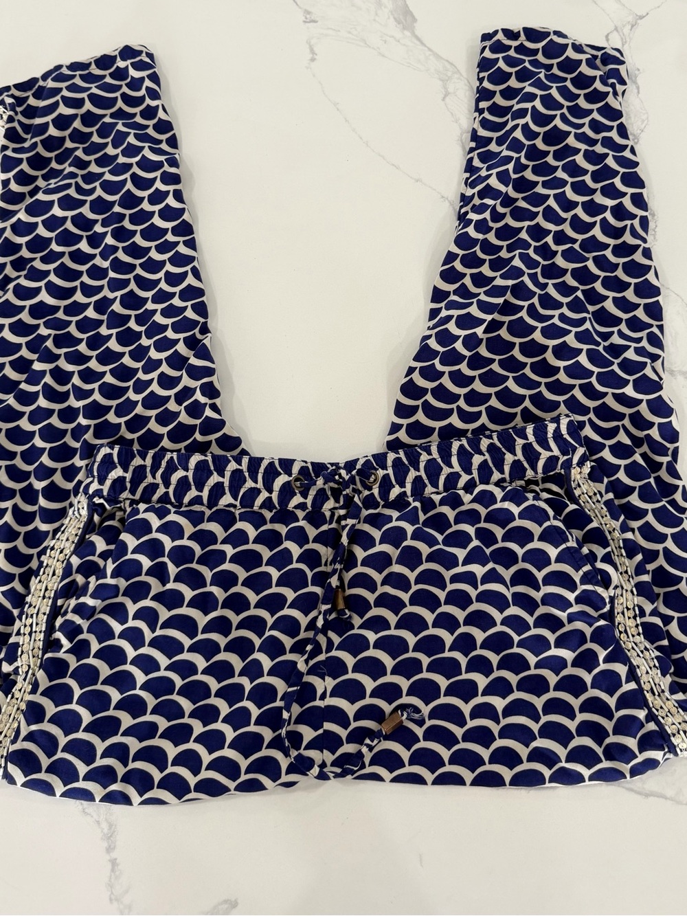 Anthropologie Beaded Scallop Print Cropped Jogger Pants Blue/White Size S - Picture 5 of 9